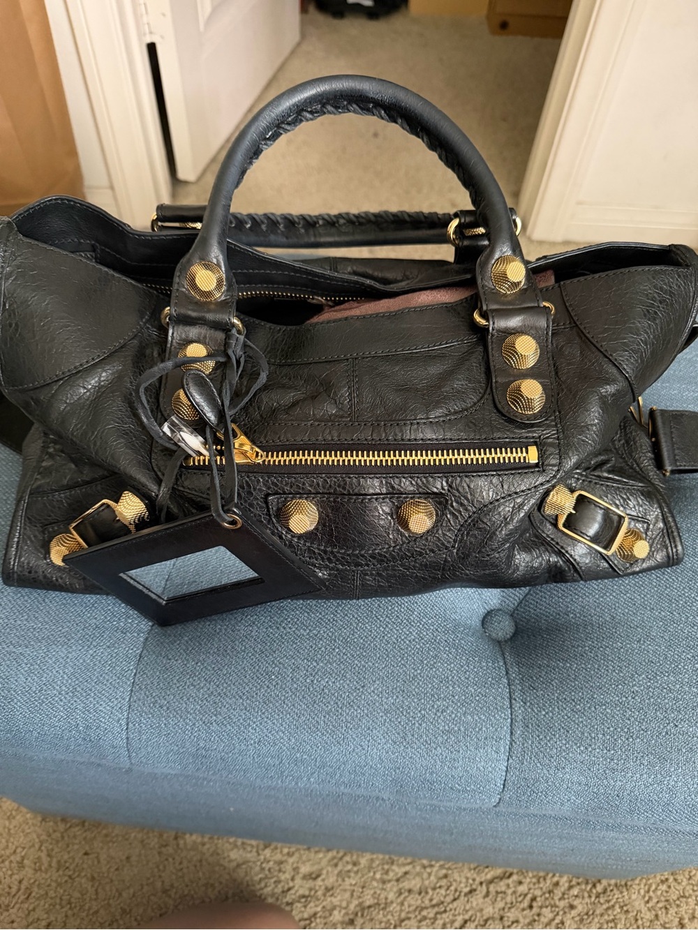 Balenciaga Black Leather Shoulder Bag with Gold Hardware